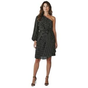 Willa Story Black & Gold One-Shoulder Beaded Cocktail Mini Dress. Size XS.